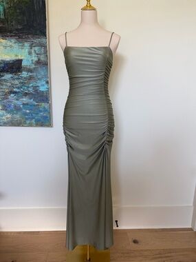Olive Green Ruched Slip Maxi Dress